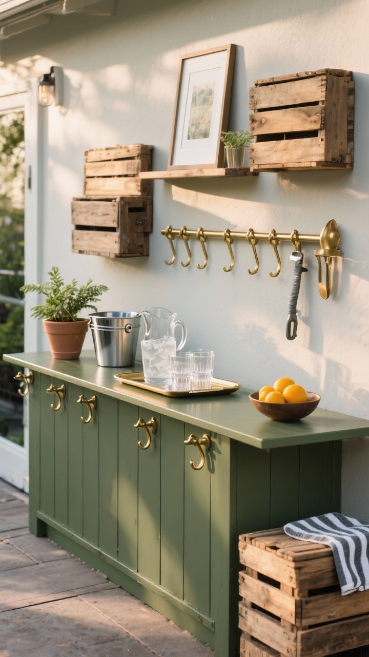 Medium shot: chic outdoor bar on a shoestring—a matte olive painted potting bench flipped into a bar with hooks for tools, a tray with a glass-look acrylic pitcher and matching acrylic drinkware, a small plant, an insulated ice bucket, stacked wooden crates as rustic shelves with a framed print, and a bowl of citrus plus a striped towel; tight two-color scheme with one metallic accent (brass); late afternoon light, straight-on perspective, photorealistic, no people.