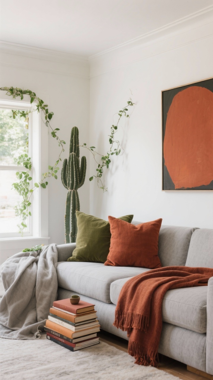 Medium shot — Color strategy in a living nook: calm base with warm white walls, soft gray upholstery, and accents in olive and rust; monochrome depth via layered greige textiles; the ceiling painted the same warm white as the walls for a cocoon effect; neutral large furniture with seasonal textiles—olive and rust pillow covers and a rust-toned throw; a stack of color-coordinated books and a single bold art piece providing a controlled pop; greenery as color with a trailing vine and a sculptural cactus adding texture; gentle natural light; photorealistic, no people.