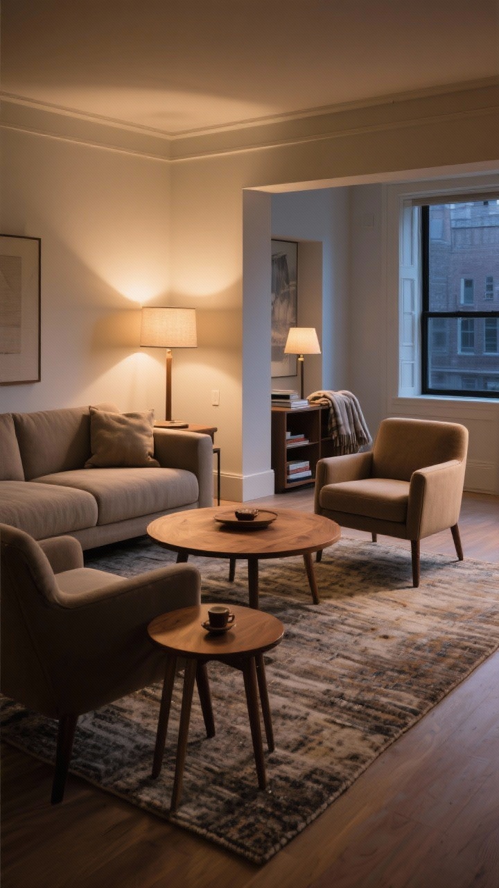 Medium shot, conversational zone from an oblique angle: Snug layout with the sofa floated off the wall, two armchairs slightly angled toward each other, and a round wood coffee table at center for friendly flow; ample rug correctly sized with all front legs on it; petite side table within easy reach of seating for cocoa; secondary reading nook visible in the background by a window with a floor lamp and a folded throw; evening warmth, layered light sources; photorealistic, no people.