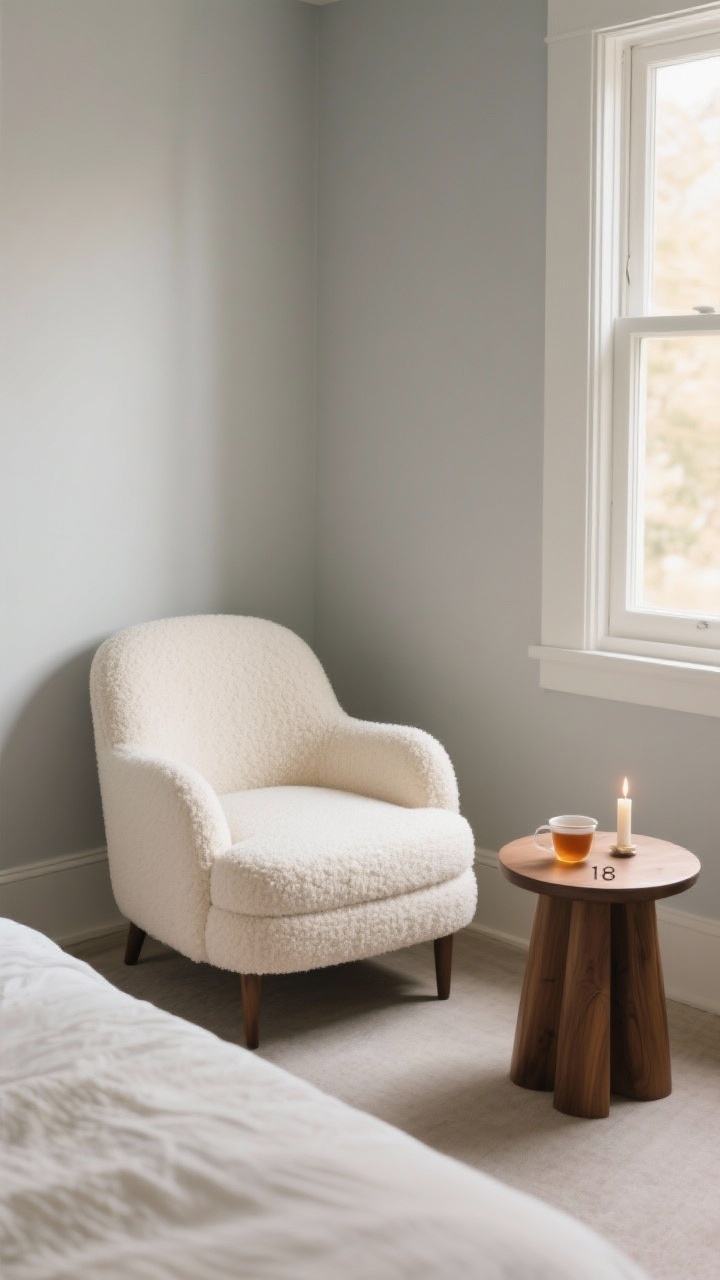 Medium shot, corner angle: A simple bedroom nook with one plush, curved-arm accent chair in soft cream boucle slightly floated off a pale gray wall, paired with a petite round 18-inch wood side table holding a candle and a cup of tea; minimal decor to avoid clutter, warm morning light through a window, neutral palette, clean lines, no other furniture crowding the scene, emphasizing the two-piece setup and intentional spacing.
