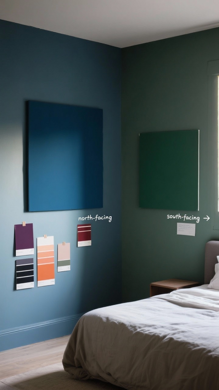 Medium shot, corner of a bedroom showcasing paint swatches selection: two large 2x2 ft paint samples on adjacent walls—one in inky blue, one in forest green—viewed at late afternoon with soft north-facing natural light; include additional tester cards in aubergine, oxblood, terracotta, and charcoal taped nearby; minimal furnishings (simple bed silhouette) kept neutral to emphasize color; notes on wall indicating “north-facing” and “south-facing” arrows; mood is cocoon-y and dramatic, emphasizing deep, saturated hues without people, photorealistic.