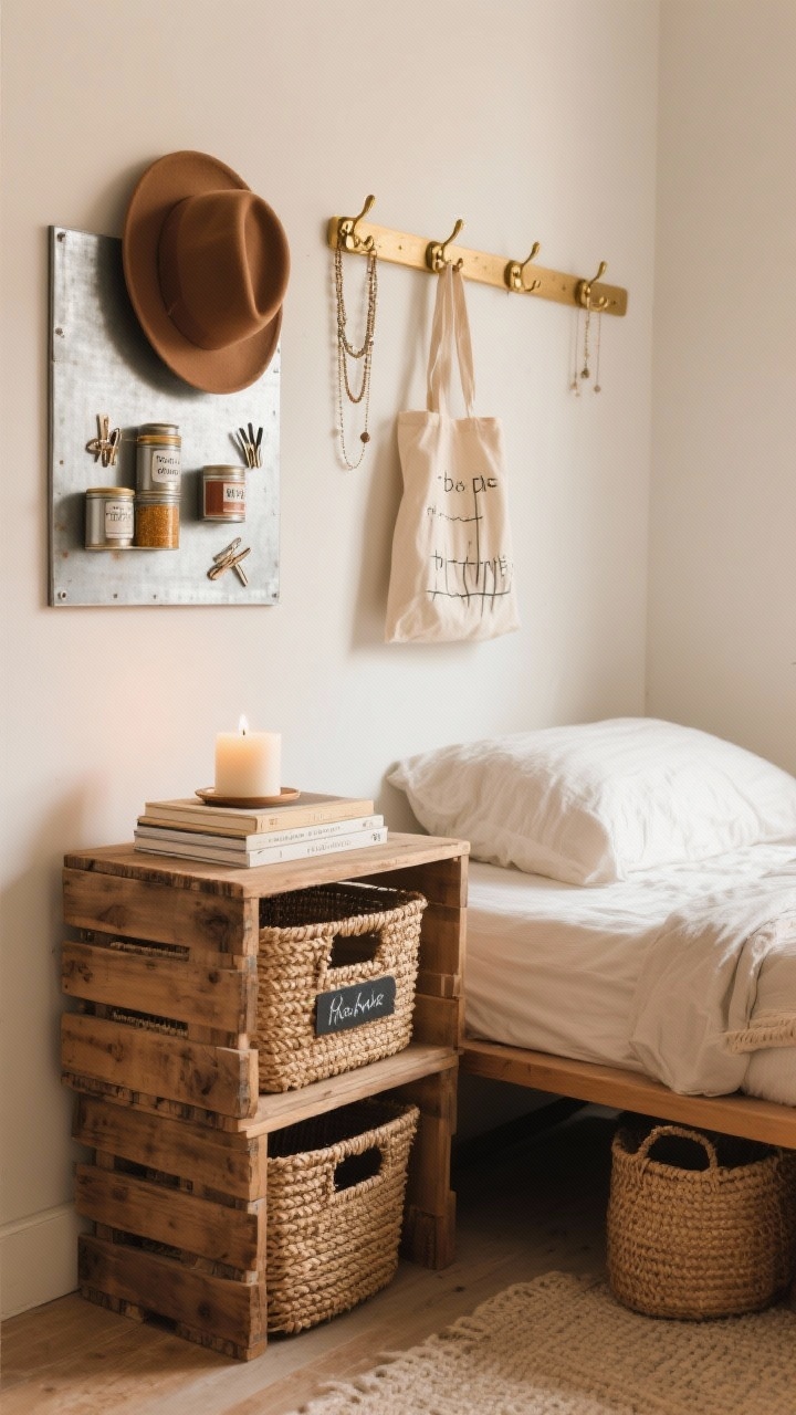 Medium shot: Cute storage solutions that look styled—stacked natural wood crates used as a nightstand with books and a candle, under-bed seagrass baskets peeking neatly from beneath a low bed, and a row of brass wall hooks arranged artfully holding a hat, tote bag, and layered necklaces. A small metal board displays magnetic spice tins repurposed for hair clips. Handwritten minimalist labels on baskets. Warm, cozy lighting; corner angle for depth.