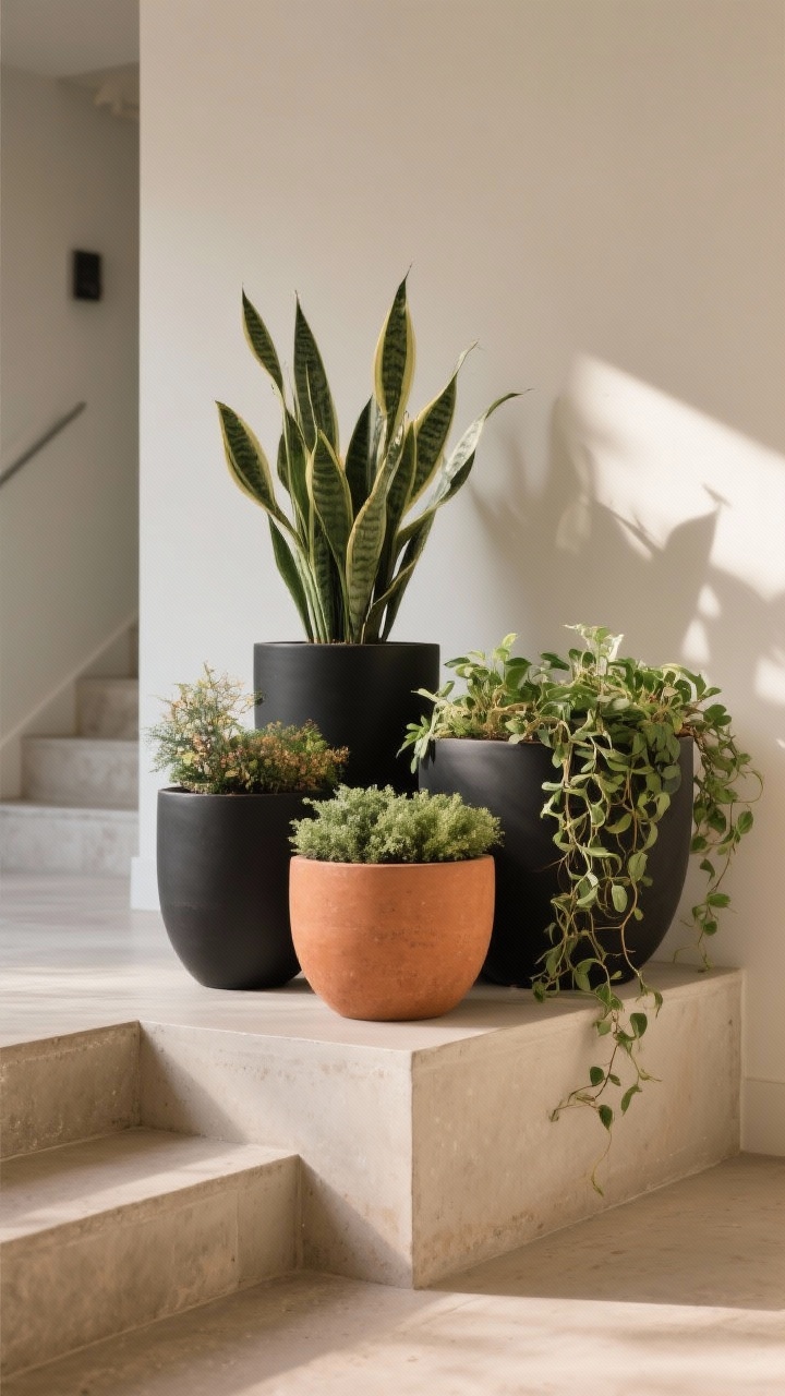 Medium shot: Elevated container cluster vignette at a transition point beside steps. Three matte black and terracotta fiberstone planters in varied sizes grouped together, styled with the thriller–filler–spiller formula: a tall focal plant, medium fillers, and trailing spillers cascading over the rim. Limited to two pot colors for cohesion. Warm, diffused light; photorealistic; slight corner angle to show depth and layering.