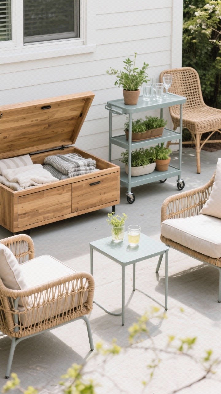 Medium shot, eye-level: A refreshed patio seating area featuring small but impactful furniture upgrades. Two lightweight side tables flank lounge chairs so every seat has a spot for a drink. A eucalyptus-wood storage bench with a lift-top hides cushions and blankets; a powder-coated metal-and-wicker mix chair adds texture. A slim bar cart on wheels holds potted herbs and simple glassware. Materials mix: powder-coated metal, all-weather wicker, and sealed eucalyptus wood. Cushions are neatly covered; everything looks tidy and spring-ready. No people, photorealistic.