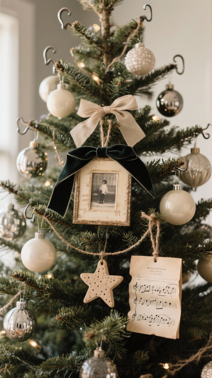 Medium shot, eye-level focus: Curated heirloom-ornament moments on the front of the tree. Sentimental decorations placed at eye level: a mini framed photo hanging from a velvet ribbon, a dated salt dough ornament, and a folded sheet-music star. Neutral filler baubles (matte ivory and smoky glass) calm busier sections. Reflective ornaments hung deeper inside the branches to bounce internal light. Metal hooks replaced with ribbon hangers and twine for a softer storybook feel. Warm, nostalgic, collected-over-time atmosphere, photorealistic.