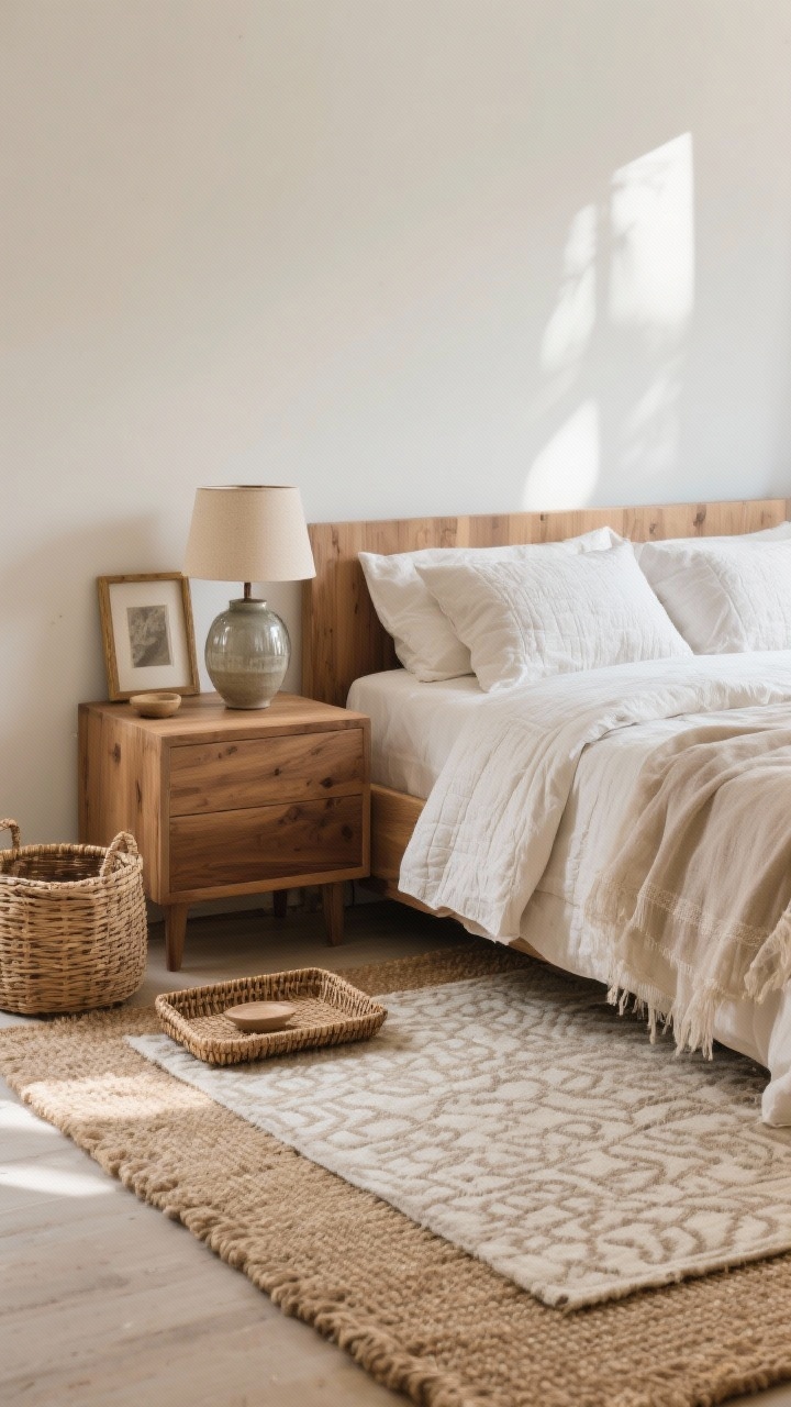 Medium shot focused on layered textures: bed styled with linen pillowcases, a cotton quilt, and a gauzy throw; on the floor, a natural jute-blend flatweave rug layered under a smaller subtly patterned rug; surfaces feature a woven tray, a ceramic lamp, and a rattan basket; warm wood tone repeated in the nightstand and a picture frame; a touch of gloss via a glass vase to balance the natural fibers; gentle daylight highlighting tactile surfaces; photorealistic.