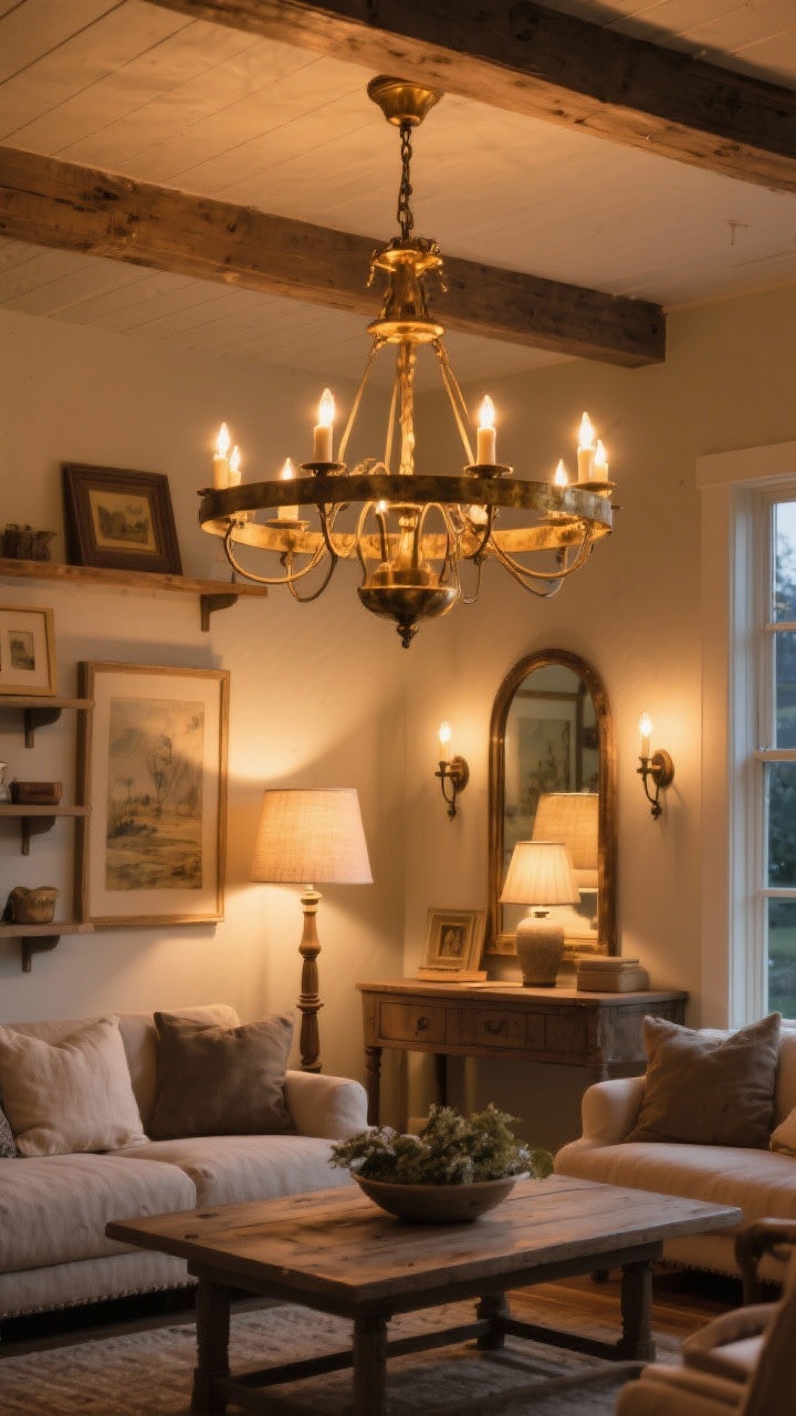 Medium shot focusing on layered farmhouse lighting: a statement chandelier in aged brass over the seating area, table and floor lamps with linen shades creating warm pools of light, and picture lights/sconces highlighting framed art and shelving; all bulbs at 2700K for cozy golden tone; dimmers implied by gentle gradations; chandelier with candle-style bulbs for heritage feel; a mirror opposite a lamp subtly doubling the glow; evening ambiance, photorealistic, no people.