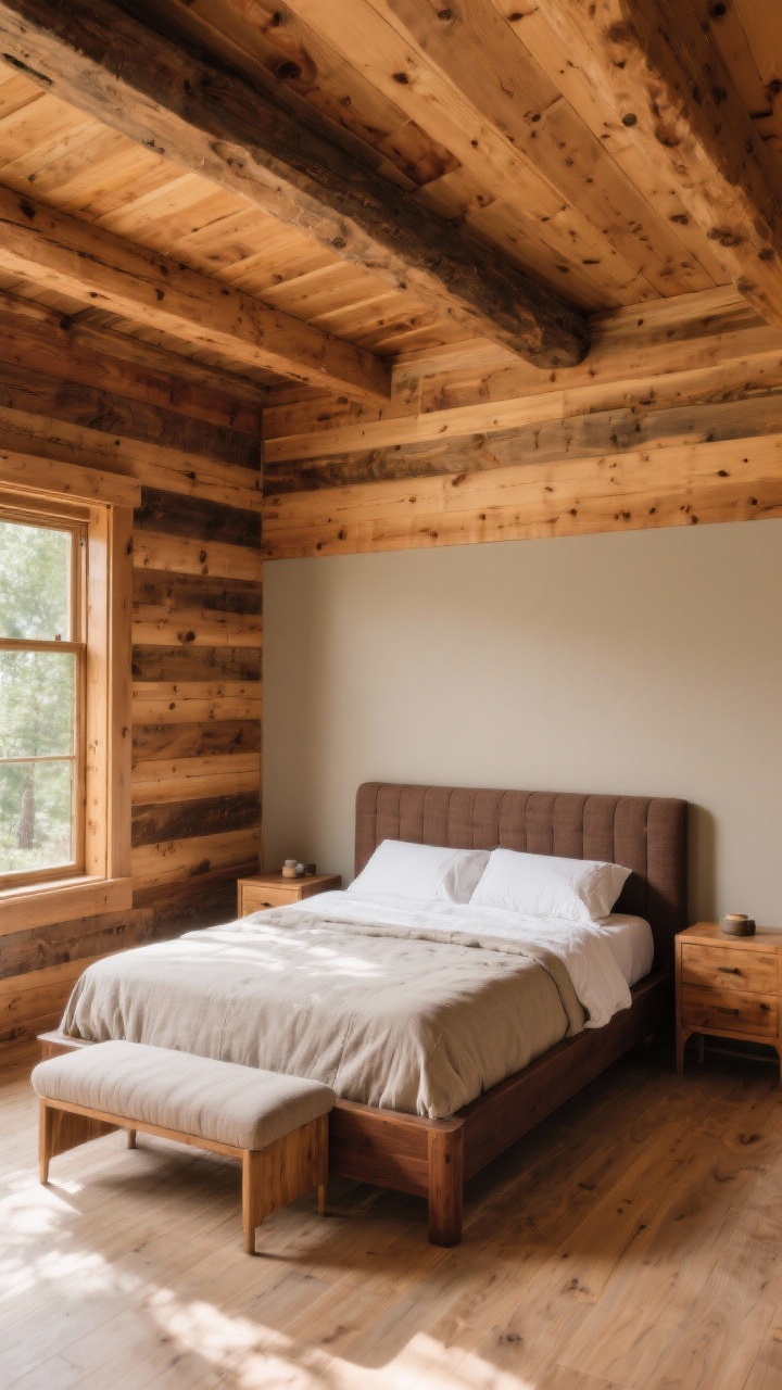 Medium shot from a corner angle: A balanced wood-forward cabin bedroom with tongue-and-groove pine walls and a wood-clad ceiling with exposed beams, featuring mixed-wood furniture—walnut bed, oak nightstands. One wall breaks the wood with a painted warm neutral greige. Add a linen-upholstered headboard or a small fabric bench at the foot to soften. Stains are warm (honey, chestnut, espresso); avoid gray woods. Gentle late-afternoon light to bring out warm tones; photorealistic, no people.