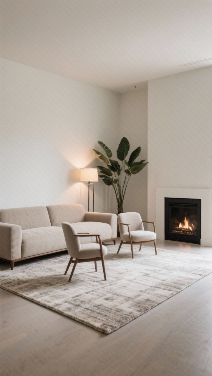Medium shot from a corner angle: A living room where the main sofa is angled diagonally toward a focal-point fireplace, with two armless chairs mirroring the angle. A rectangular rug is rotated 10–15 degrees under the grouping to add motion and break boxy lines. Behind the angled sofa, a tall plant and a slender floor lamp occupy the negative space, lightening the corner. Neutral palette with subtle texture; daylight and warm lamp glow add depth.