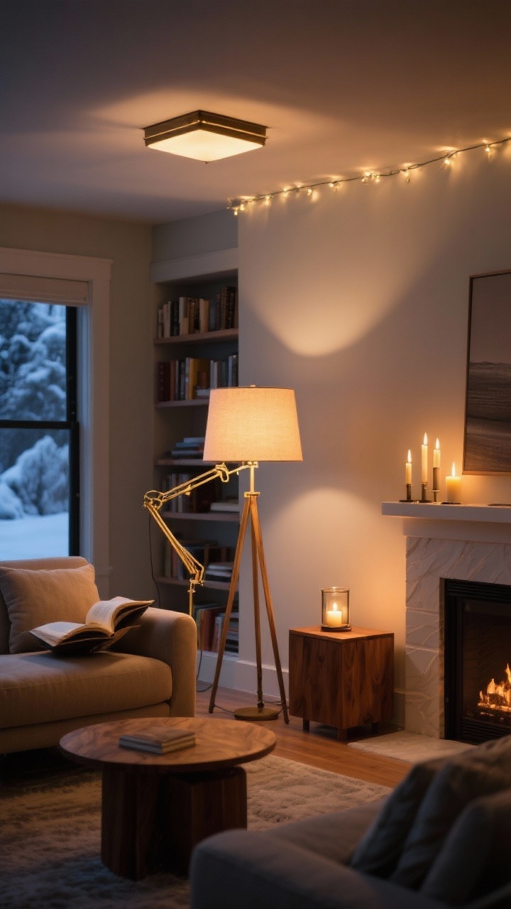 Medium shot from a corner angle: A winter-living-room lighting trio at dusk—warm ambient glow from a shaded floor lamp (2700K), a brass swing-arm task lamp beside a sofa for reading, and accent lighting from hurricane candles and LED tapers on a mantel; dim, cozy atmosphere with no overhead glare; include a shaded ceiling fixture dimmed low; subtle string lights along a bookshelf; warm wood side table catching the glow; photorealistic, no people.