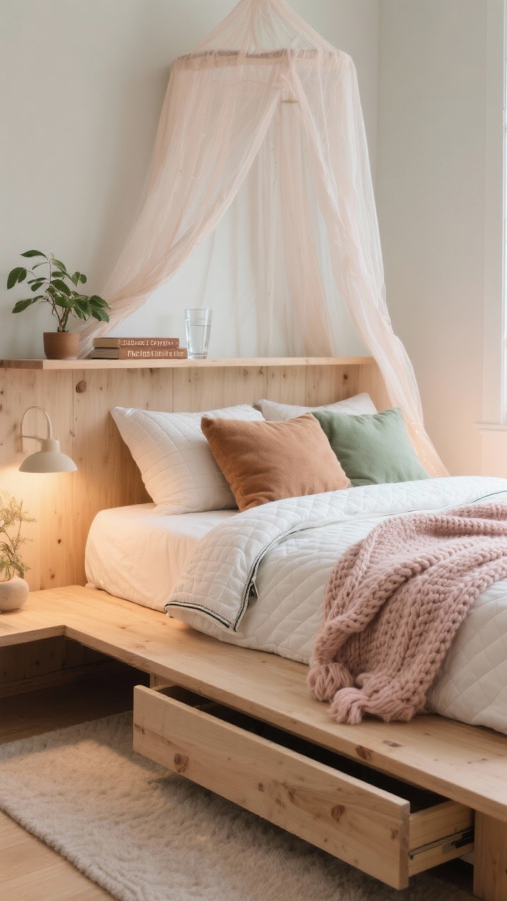 Medium shot from a corner angle: “Bed Setup: Cozy Now, Flexible Later.” Feature a low, natural wood platform bed with a headboard-shelf holding a book, water glass, and a small plant. Layer textures: a quilted white duvet inside a zippered cover, a chunky knit blush throw, plush sage and caramel pillows. Add a sheer canopy draped lightly over the bed for fairy-tale vibes. Show a trundle drawer peeking from under the bed. Soft, warm bedside lighting creating a cozy glow.