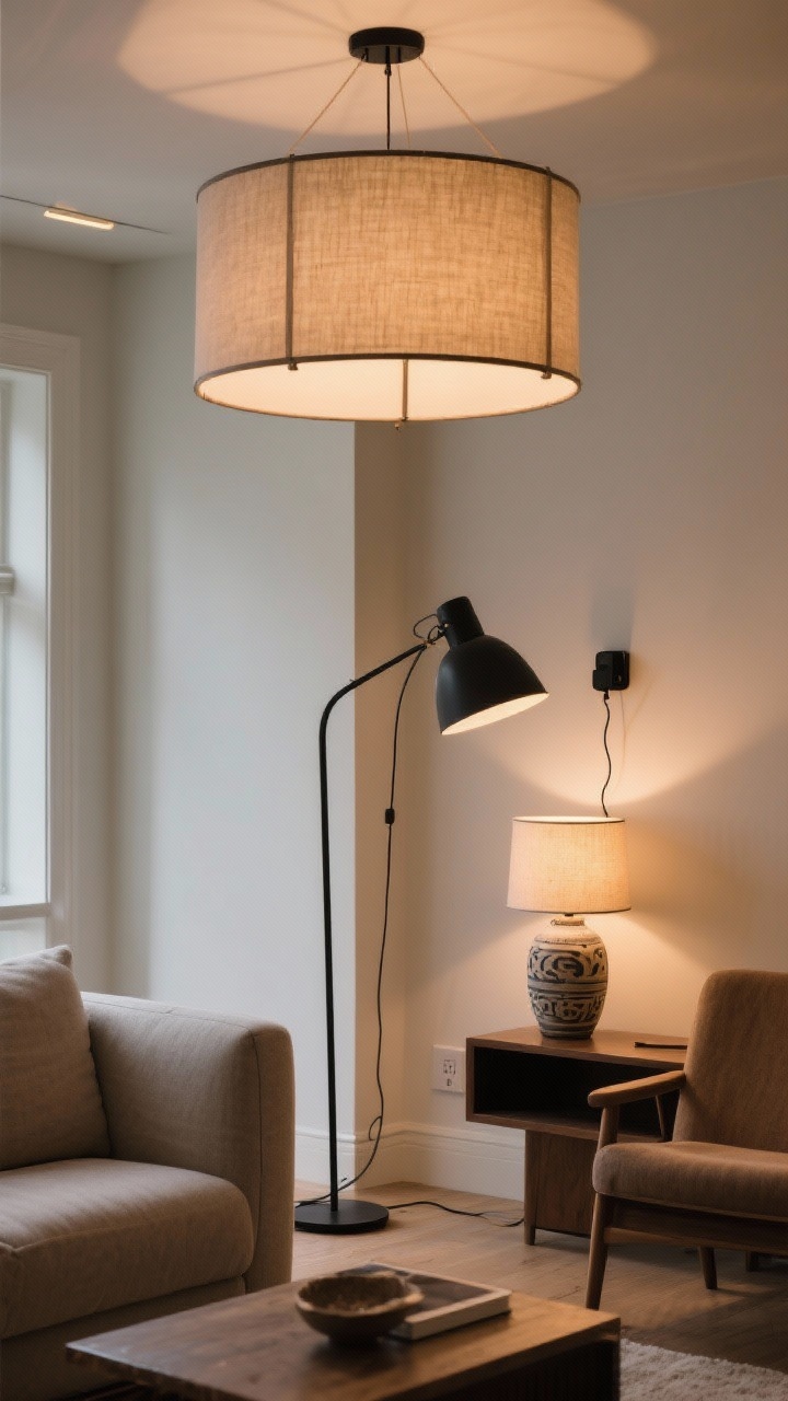 Medium shot from a corner angle: Layered lighting in a living room featuring a statement drum pendant overhead for ambient light, a slim black metal floor lamp next to a sofa for task lighting, and a ceramic table lamp on a console for accent lighting; use warm 2700K bulbs for a cozy glow, include a plug-in swing-arm sconce over a reading chair with its cord neatly hidden in adhesive channels, and keep the rest of the decor simple to emphasize the dramatic, editorial lighting effect.