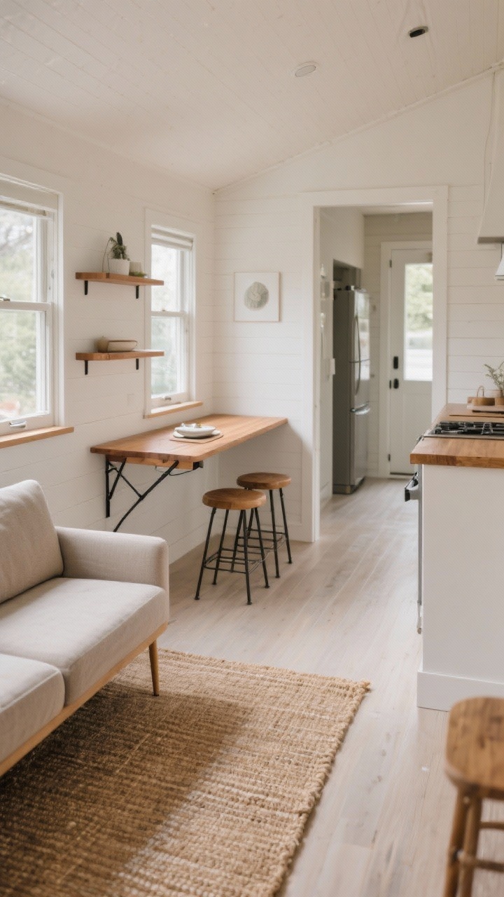Medium shot from a corner angle: Open-plan tiny house layout showing one clear main walkway from entry to kitchen to lounge; a small sofa on slender legs to reveal floor space, a wall-anchored fold-down table in warm wood set as a desk/dining hybrid with two stackable stools tucked underneath; jute flatweave rug zoning the living area and a flatweave runner hinting at the dining zone; slim shelf mounted under a window as a dining ledge with a simple place setting; uncluttered, airy feel, photorealistic.