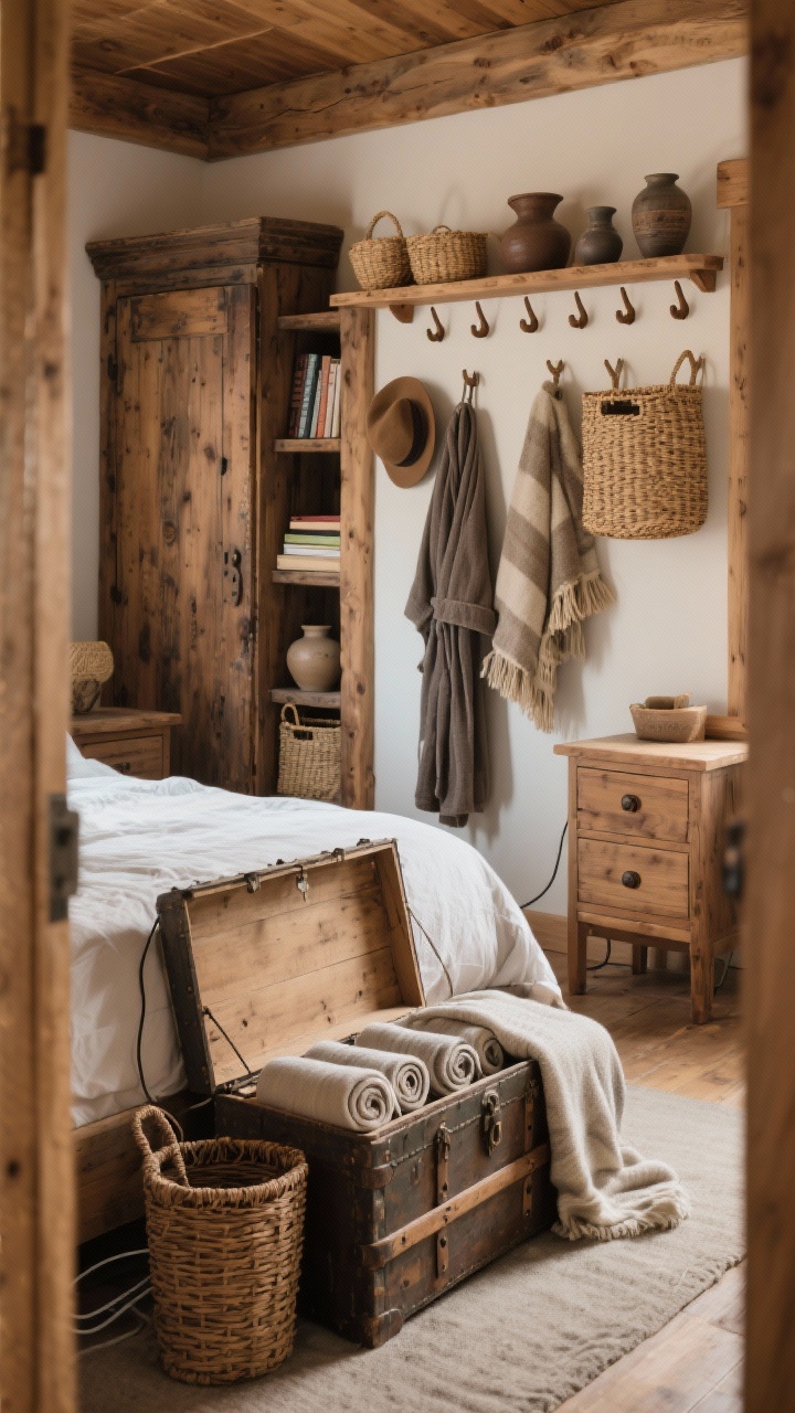 Medium shot from a doorway angle: Smart rustic storage solutions in a cozy cabin bedroom. At the foot of the bed, a vintage wood trunk/blanket chest slightly open with neatly rolled throws. Nightstands with drawers flank the bed, cords hidden. A vintage armoire/wardrobe adds soul. Open wood shelves display books, pottery, and seagrass/rattan woven baskets to corral small items. A row of wood hooks/pegs holds a robe, hat, and a throw. Warm, diffused light highlighting natural wood and basket textures; photorealistic, no people.