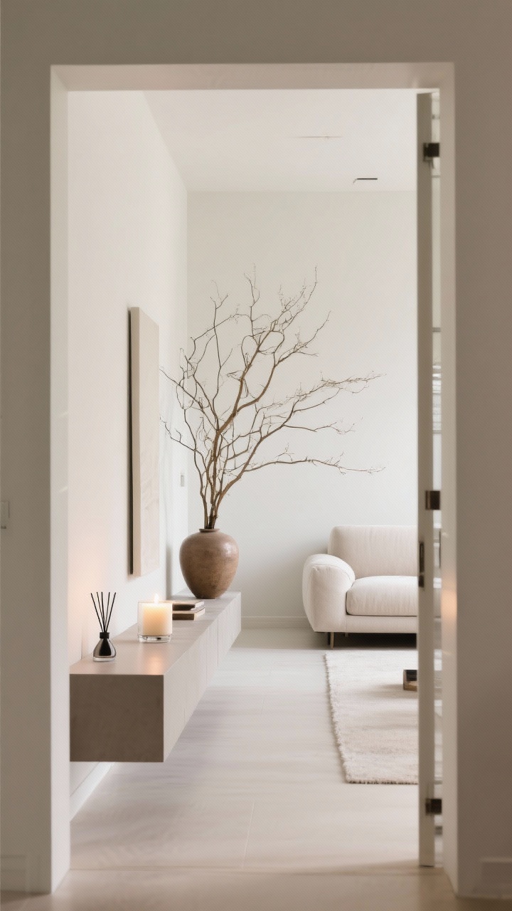 Medium shot from a doorway perspective: An edited, airy living room with the sofa floated off the wall to create a conversation zone, clear walkways, and minimal clutter; a tall floor plant adds height and texture, a vase of oversized branches sits on a console, and surfaces are intentionally styled with just a few pieces; include a lit candle and a sleek diffuser on a shelf to suggest scent, with a calm, curated mood and “less stuff = more impact” visual balance.