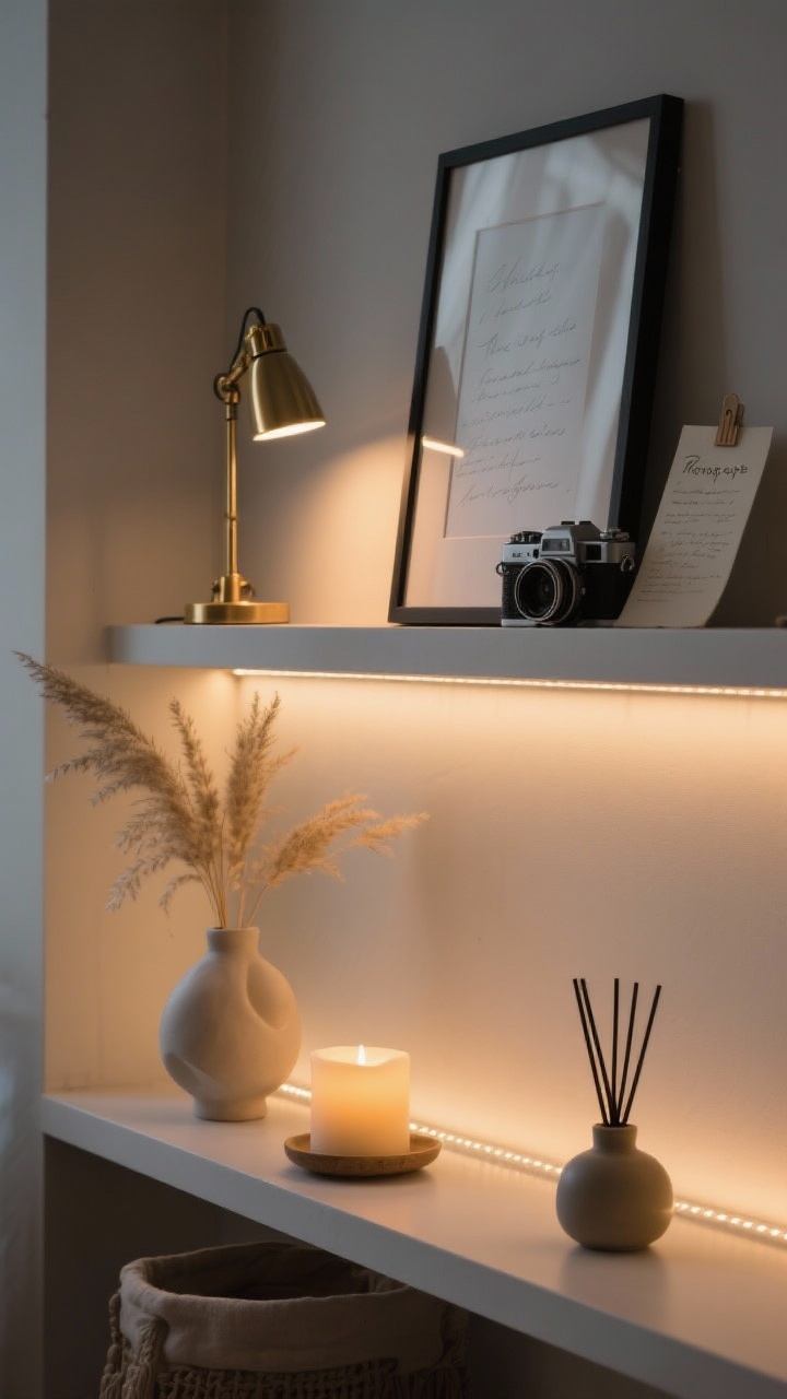 Medium shot from a low angle capturing atmosphere upgrades: dimmable warm LED strip lights under a shelf create depth, with a clip-on brass picture light above a leaning frame; a small table lamp on a lower shelf glows warmly; a sculptural candle and a matte ceramic reed diffuser chosen to match a neutral palette; subtle seasonal touches—dried grasses in a minimalist vase; personal artifact—framed handwritten recipe card beside a vintage camera; evening lighting mood with soft shadows, no people.