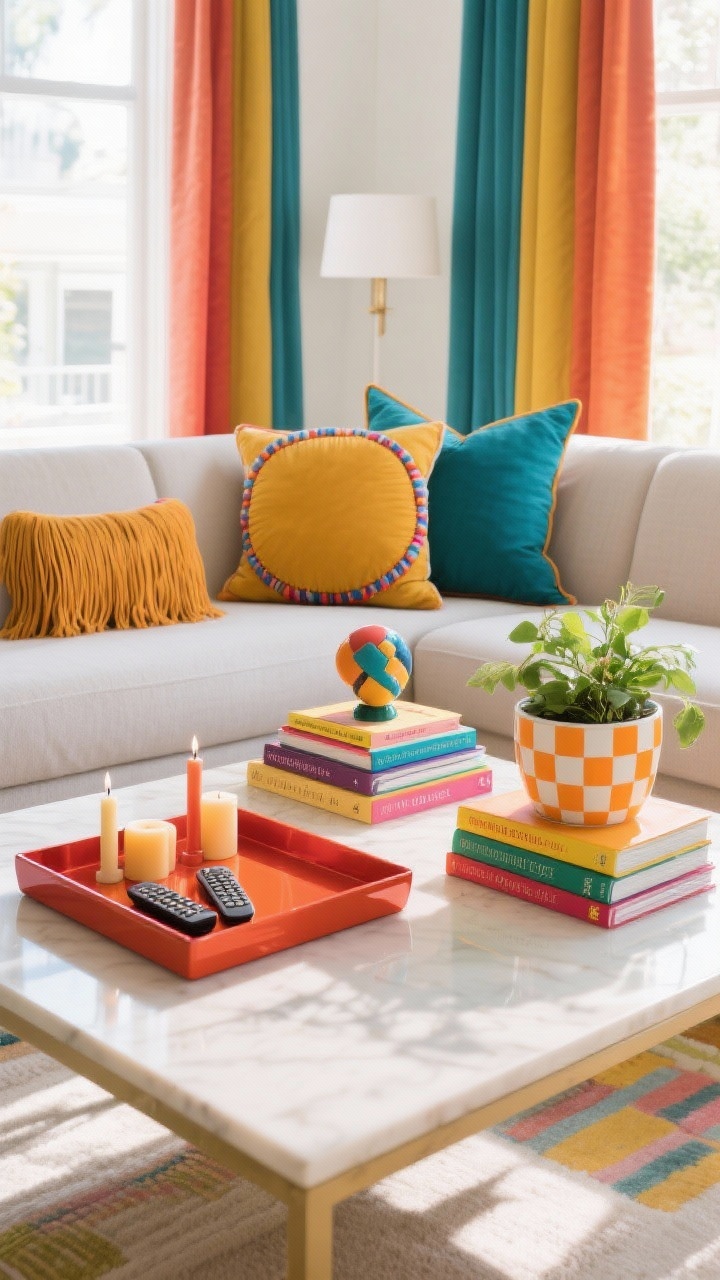 Medium shot: Intentional styling on a coffee table and sofa—colorful accessories edited and layered. Mix pillow shapes (square, lumbar, round) with fringe or piping, a bold lacquer tray corralling remotes and candles, stacks of colorful coffee table books topped with a quirky object, and a ceramic checkerboard plant pot in citrus tones. Add color-block curtains in the background. Bright, inviting daytime lighting; straight-on angle for a clean, styled look.