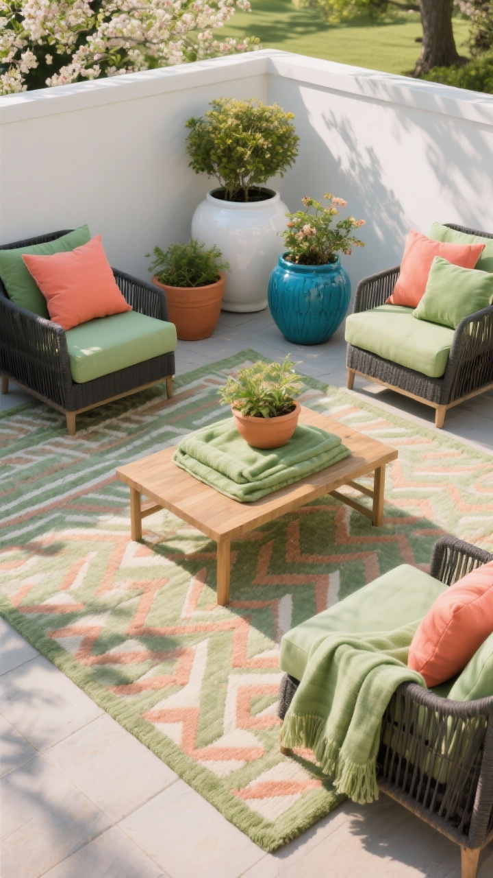 Medium shot, late-afternoon natural light: A spring-ready patio corner anchored by a large outdoor rug in a sage-and-coral geometric pattern, topped with a low teak coffee table. Layered solution-dyed acrylic cushions and throws in sage green and coral sit on charcoal outdoor lounge chairs. Three cohesive planters act as color blocks: matte terracotta, glossy white, and bold ceramic blue, arranged to echo colors in the rug and cushions. Textiles look washable and sun-safe; the palette repeats across rug stripes, cushion patterns, and planter finishes. No people, photorealistic.