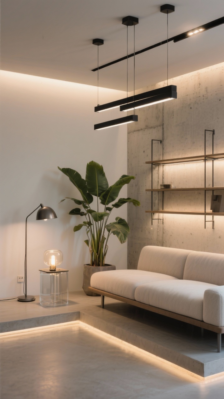 Medium shot, lighting and layout focus: A floating sofa pulled off the wall forming a conversation zone, balanced by a tall plant and metal-framed shelving opposite a concrete side piece; layered lighting with a black linear chandelier overhead, a matte metal floor lamp, a glass-glow table lamp, all using warm 2700–3000K bulbs on dimmers; pathways clear, overhead and accent lights softly illuminating surfaces, three-quarter angle.