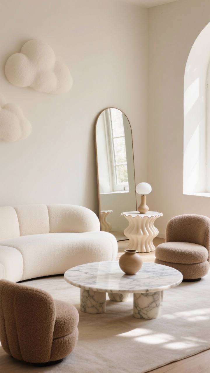 Medium shot, living room corner with organic curves: a rounded cloud-like cream sofa facing an oval marble-topped coffee table with softly rounded edges, a tall arched floor mirror leaning against a warm white wall, and a scalloped-edge side table; include a pair of rounded barrel chairs in taupe boucle and a bulbous ceramic vase on the table; soft natural daylight from the side creates gentle shadows; straight-on perspective, photorealistic, no people.