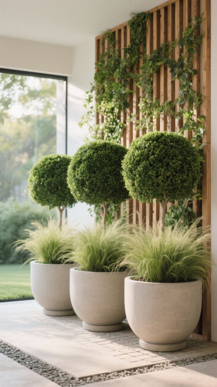 Medium shot: lush greenery focus—two to three oversized statement planters in a modern neutral finish arranged in repetition, planted with a single species like boxwood or ornamental grasses for a designer look; a vertical moment behind them with a cedar slat trellis supporting vines; subtle mix of real plants with a convincing faux topiary; planters lifted slightly on small pavers for neat drainage; soft morning light, straight-on view, photorealistic, no people.