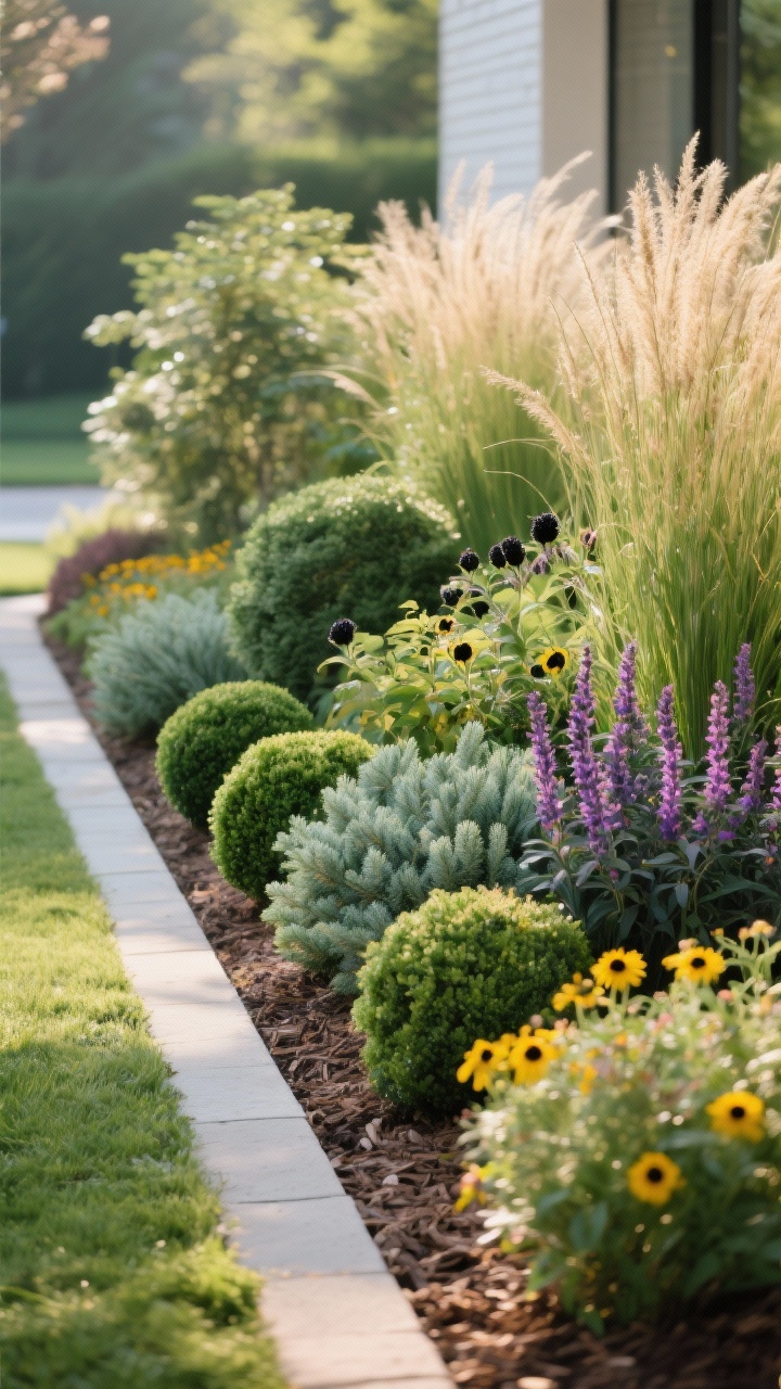 Medium shot: Lush, low-maintenance planting bed with layered heights and textures. Groupings in odd numbers (3, 5, 7), repeating plants along a border for rhythm. Mix evergreen structure (boxwood and juniper) with seasonal color (salvia and black-eyed Susan) and tall grasses like miscanthus for movement and privacy. Soft morning light highlighting foliage texture; natural mulch; photorealistic; slight corner angle.