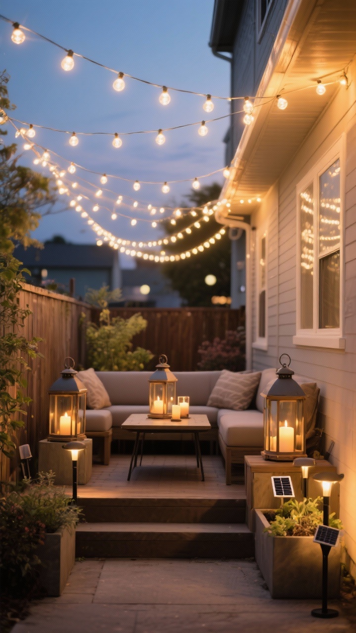 Medium shot, magical layered lighting creating a “ceiling”: narrow backyard with zigzag string lights overhead, warm white bulbs at 2700–3000K casting a cozy glow. Lanterns (with flameless candles or battery-powered puck lights) on a low table and steps, plus solar stake lights tucked into planters to frame the seating area. Consistent warm lighting temperature, dusk ambiance, gentle bokeh from the string lights, corner angle view, photorealistic.