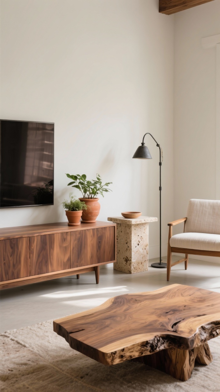 Medium shot: Natural materials showcase—an oiled walnut media console paired with a lighter oak side table, undertones aligned warm-with-warm; a travertine side table upgrade beside a linen-slipcovered chair; iron accents in a slim floor lamp; ceramic and terracotta planters with greenery; a live-edge real wood coffee table as the statement piece; tactile, matte finishes with gentle daylight and subtle shadows, photorealistic.
