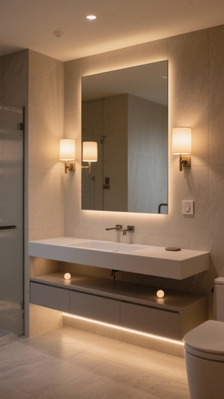 Medium shot of a bathroom vanity showcasing layered lighting: warm 2700–3000K glow from a pair of soft vanity sconces mounted at eye level on both sides of a mirror; a dimmer switch on the wall; subtle LED strip accent under the floating vanity casting an ambient wash on the floor; optional rechargeable puck lights softly illuminating an open shelf; matte finishes, cozy ambience, no overhead glare; neutral tile and soft shadows for a flattering, spa-like mood; no people, photorealistic.