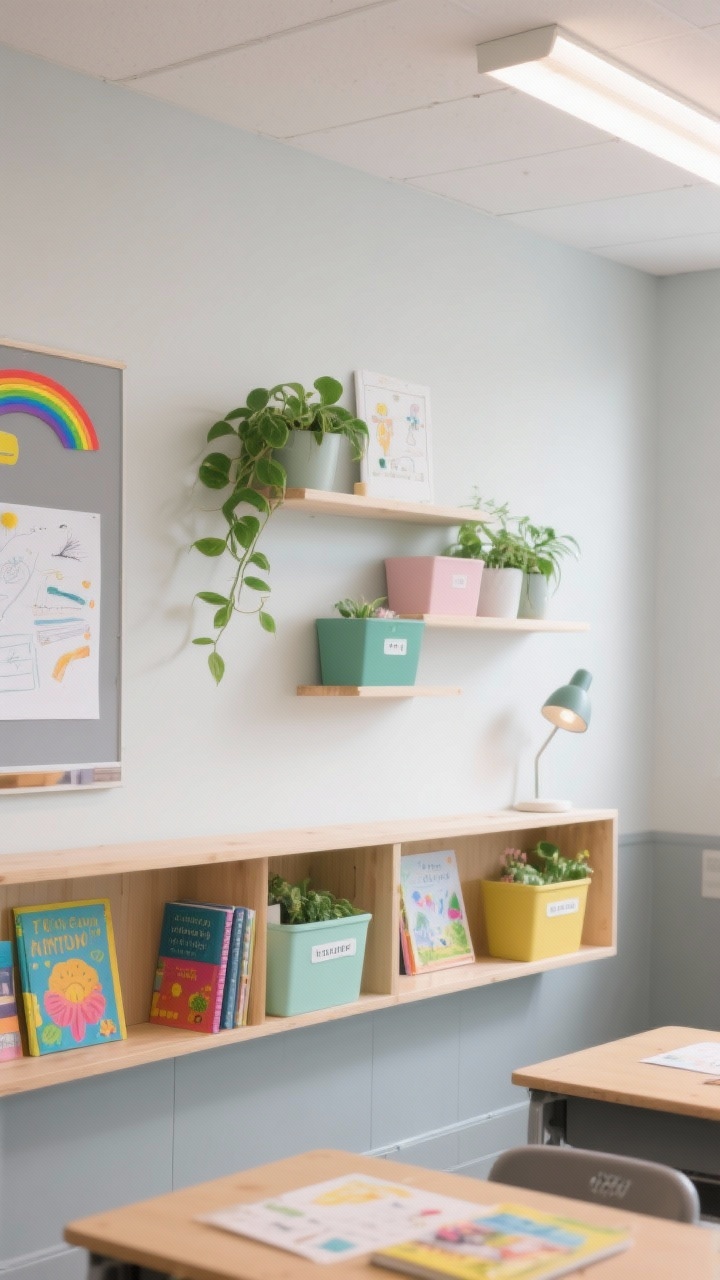 Medium shot of a classroom wall and shelving vignette emphasizing a calming color palette: soft gray and white walls, light wood tones, and green accents from plant touches and bin labels. Include muted rainbow elements in dusty pastels or jewel tones on a few accessories, but keep decor neutral and minimal. Show soft lighting with lamp corners and fluorescent light filters diffusing overhead fixtures. Student work and colorful book covers add pops of color against a calm backdrop. Photorealistic, cozy and uncluttered.