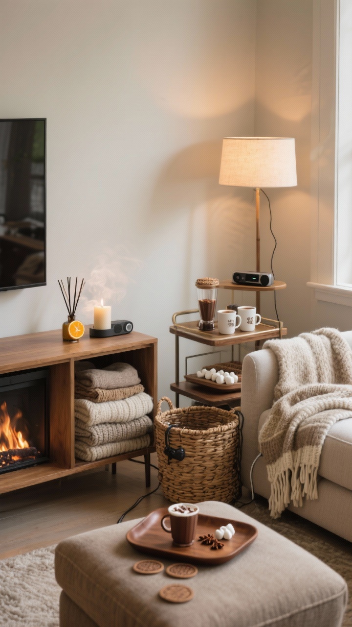 Medium shot of a cozy console and sofa corner: Woven throw basket beside the sofa holding folded knits; a heated throw neatly draped with cord discreetly hidden; wood or leather tray with coasters atop an ottoman; scent layers shown as a citrus-clove reed diffuser on the console by day and a smoky vanilla candle nearby ready for evening; subtle speakers or a small device hinting at a soft playlist/crackling fireplace audio; a compact bar cart styled as a hot chocolate station with mugs, cocoa mix, and marshmallows; warm, inviting lighting; photorealistic, no people.