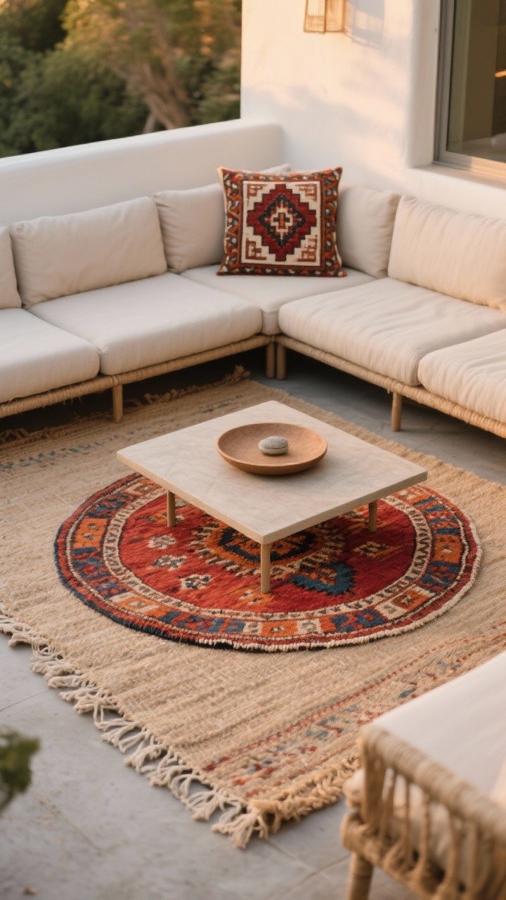 Medium shot of a defined seating zone on a patio featuring layered outdoor rugs: a large neutral jute-look flatweave as the base, topped with a smaller kilim-style Moroccan-inspired rug with earthy reds, terracotta, and indigo. A round top rug under a small coffee table softens square furniture lines. Materials labeled as polypropylene or recycled PET. Add subtle fringe or tassels at the edges. Early evening natural light so patterns and textures read clearly. Corner-angle composition, photorealistic, no people.