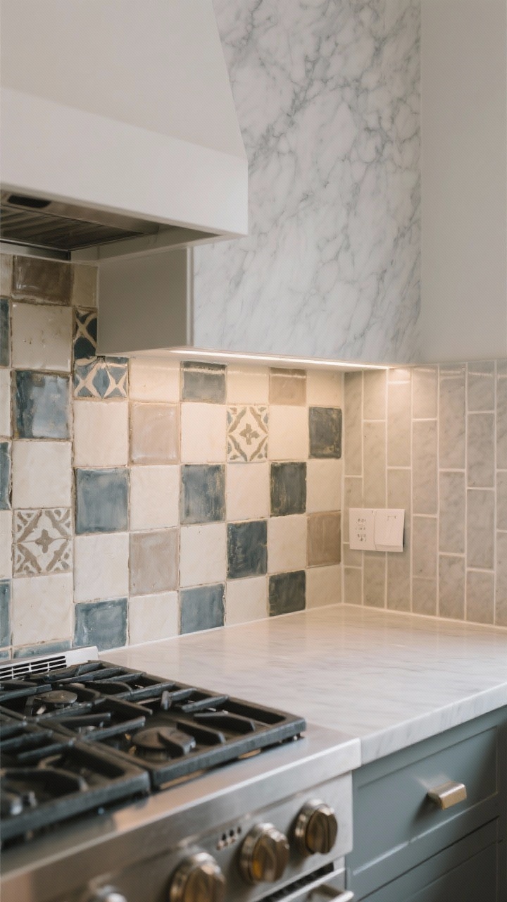 Medium shot of a kitchen backsplash as the focal point: a range wall with hand-painted zellige tiles in a playful checkerboard of soft neutrals and moody glazed variations; adjacent section shows a slab quartz backsplash matching the countertop for minimalist contrast; include an option of vertical subway tile on a side wall; subtle under-cabinet lighting to highlight tile texture and glaze; include a small note of peel-and-stick edges for renter-friendly realism; no people, photorealistic.