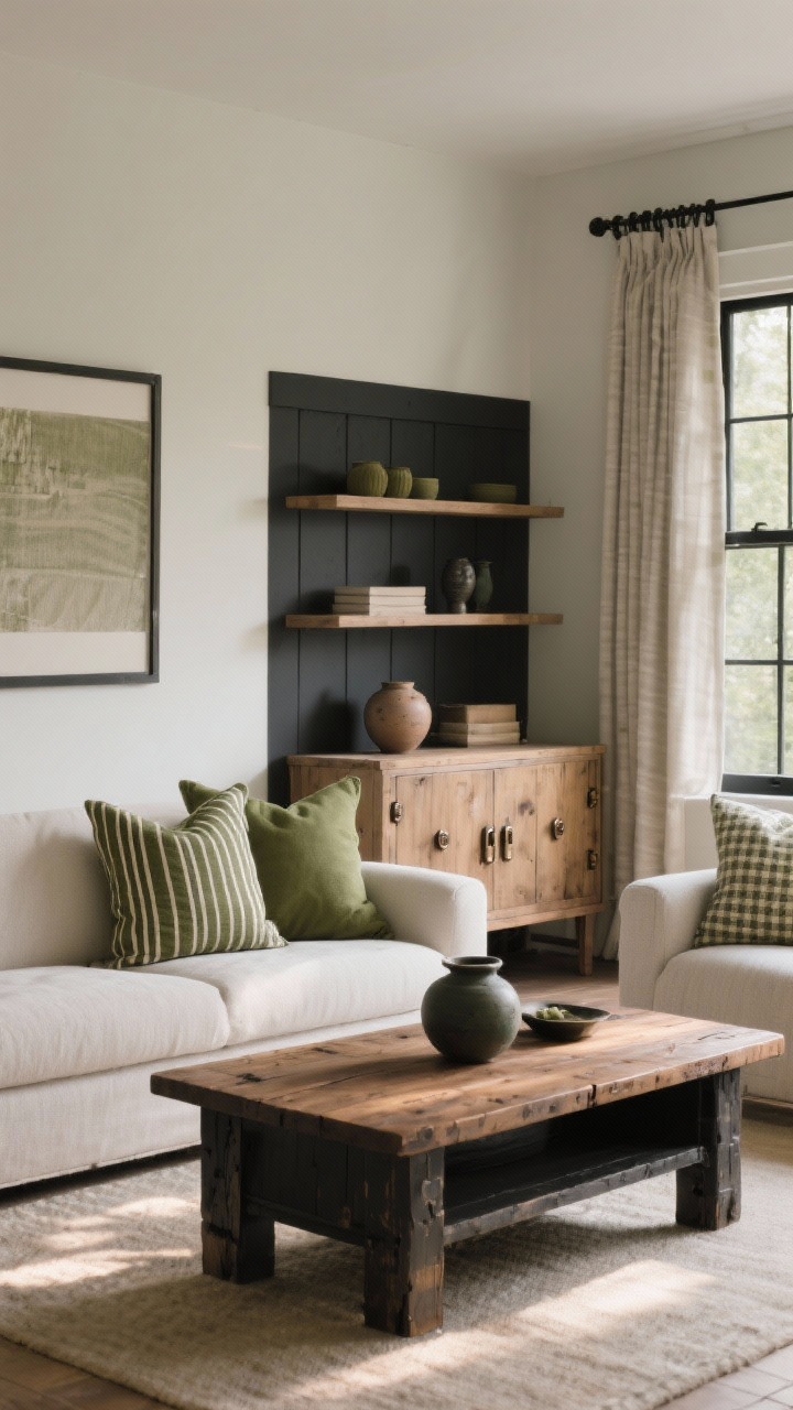 Medium shot of a living room with a warm neutral base: soft white/greige walls, weathered oak sideboard and warm walnut coffee table; black/oil-rubbed bronze hardware and accents; a charcoal accent wall behind open shelves styled subtly; black window frames and curtain rods grounding the scene; pillows and pottery in earthy greens (olive, sage); patterns kept minimal with thin stripes and tiny checks; late afternoon warm light, photorealistic, no people.