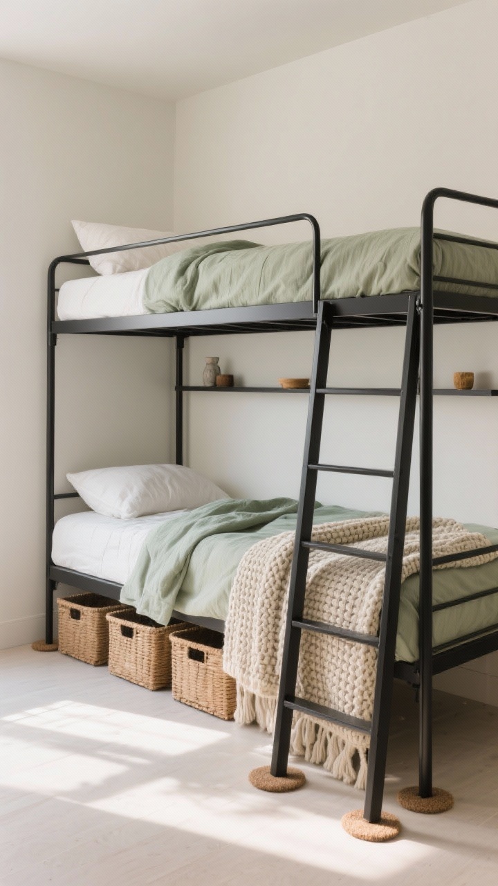 Medium shot of a minimalist slim metal bunk bed in matte black with clean lines against a light neutral wall; quiet, airy styling with soft sage and warm white linens; layered textures: a linen duvet, a chunky knit throw draped at the foot, and a folded waffle blanket; a narrow wall shelf above the pillow line holds small decor without taking floor space; uniform baskets tucked neatly under the bed; soft natural daylight with subtle shadows, and felt pads visible at ladder contact points to suggest silence and floor protection.