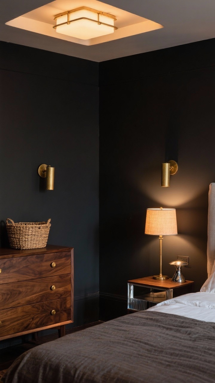 Medium shot of a moody, color-drenched bedroom vignette balanced with warmth: deep charcoal walls as backdrop; a walnut dresser with visible grain, brass or aged gold knobs, and a rattan accent basket; layered lighting—overhead ambient fixture off-frame glow, brass sconces for task lighting, and a warm 2700–3000K table lamp casting cozy light; a dim-to-warm smart bulb effect visible with gentle gradient warmth; chrome accent on a nearby cool-toned piece to contrast; photorealistic, inviting not cave-like.