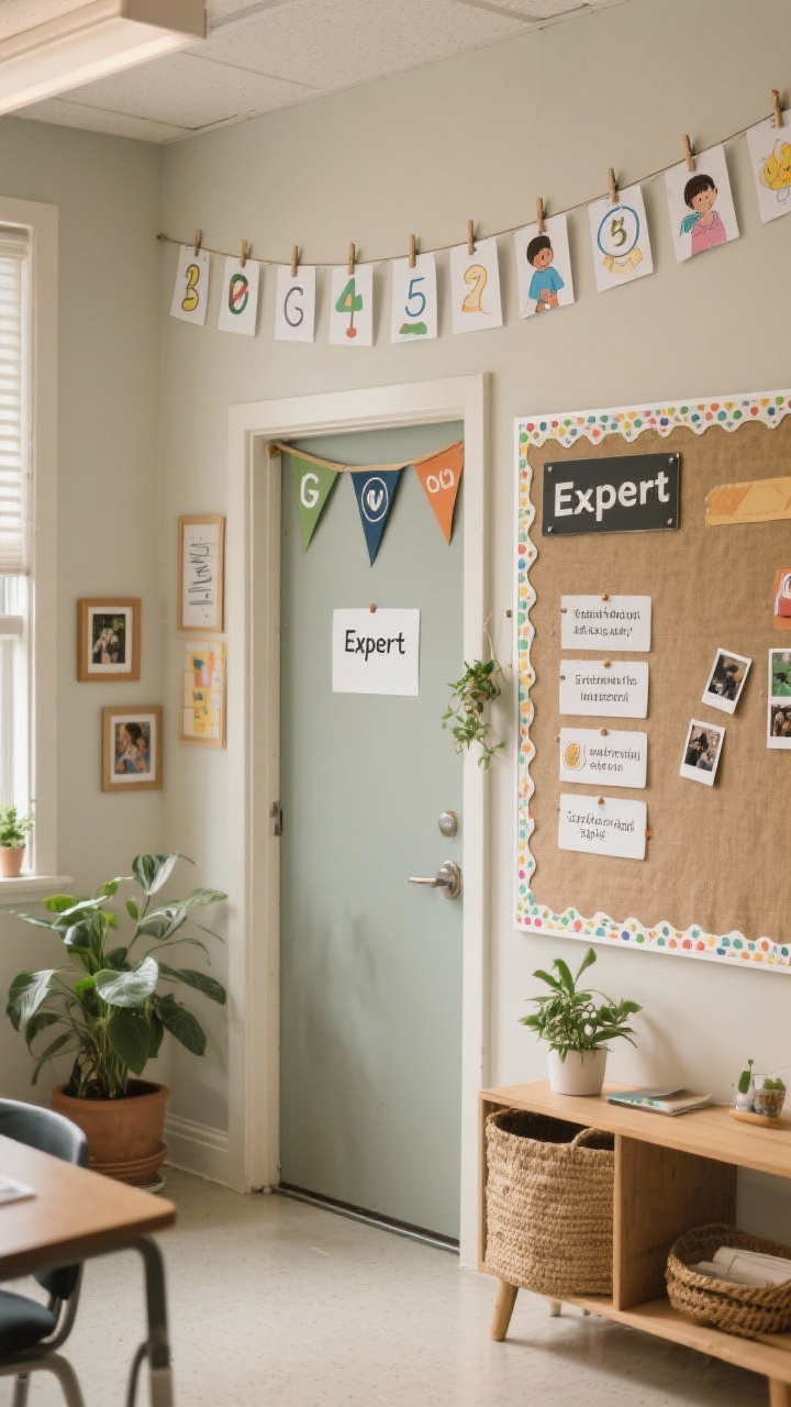 Medium shot of a personalized classroom display area that’s durable: a Goal Wall with laminated student goal cards clipped to a string line; a class-made alphabet/number line with student-drawn visuals; doorway greeters—name tags on mini pennants and Polaroid-style frames around the door; and a rotating “Expert” board with student tips. Show durability tricks: lamination sheen on high-touch visuals, Velcro dots and magnetic tape edges visible for quick swaps, and a fabric bulletin board backing in canvas or burlap. Add a touch of greenery (one or two plants) for cozy, calm energy. Soft, even lighting, photorealistic.
