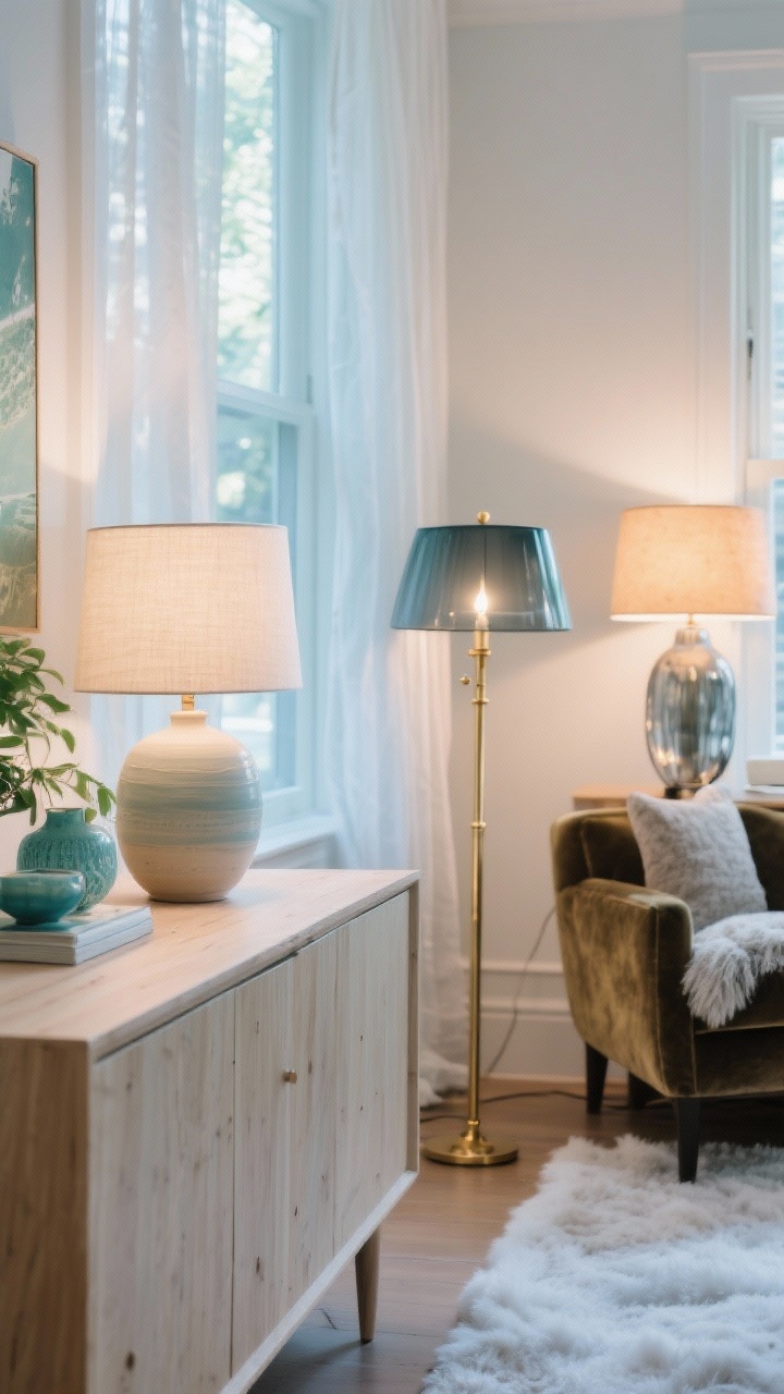 Medium shot of a sideboard and lamp vignette treating lighting like jewelry: summer scene with sheer curtains washing the room in daylight, a light wood or ceramic table lamp fitted with a simple linen shade, cooler 3000–3500K bulb rendering crisp tones around pale blues and greens on nearby decor; adjacent winter swap shows layered lighting—table lamp plus a slender brass floor lamp in the background, a smoked glass lamp accent, and a warm 2700K bulb that flatters wool and velvet accessories. Photorealistic, clear bulb temperature mood shift.