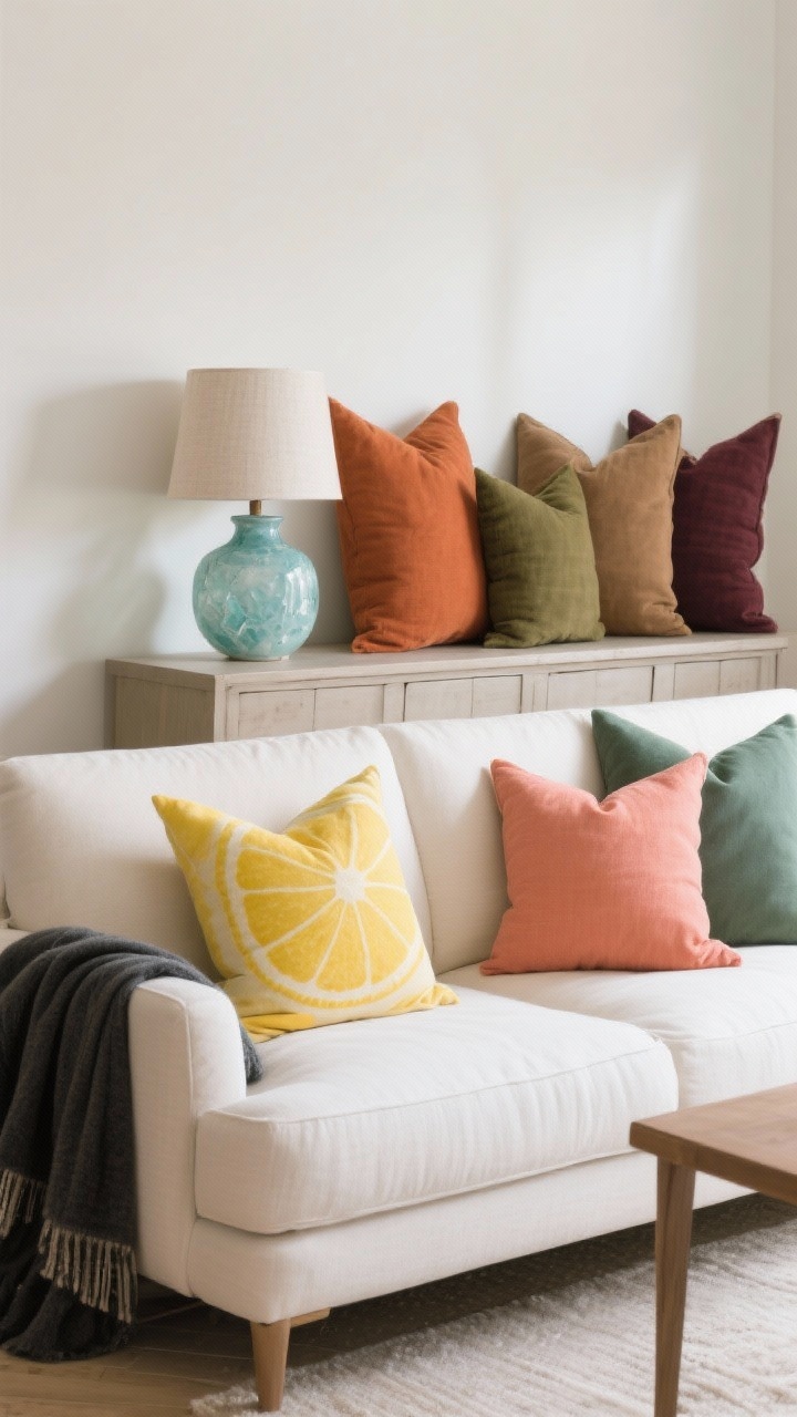 Medium shot of a sofa and console area focused on color story swaps: spring/summer setup with sand, white, and sage base, pops of lemon and coral pillow covers on the sofa, a sea-glass-toned ceramic vase (pale blue, muted teal) on the console, and a light linen lampshade; an alternate winter tableau on the same console surface shows swapped pillow covers in terracotta, olive, camel, and mulberry, a darker textured lampshade, and a charcoal throw draped over the arm. Balanced daylight, photorealistic, emphasis on rotating pillow covers, throws, and lampshades.