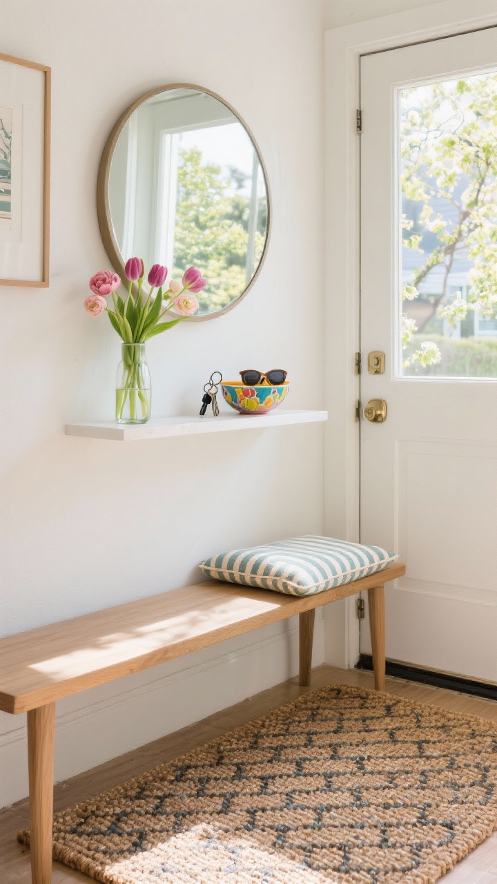 Medium shot of a spring-forward entryway: a patterned or woven doormat, a modern round mirror above a slim bench with a striped cushion, a colorful ceramic catchall bowl holding keys and sunglasses on a small ledge, and a petite vase of tulips and ranunculus on a wall shelf; natural daylight bouncing off the mirror for a cheerful first-impression mood.