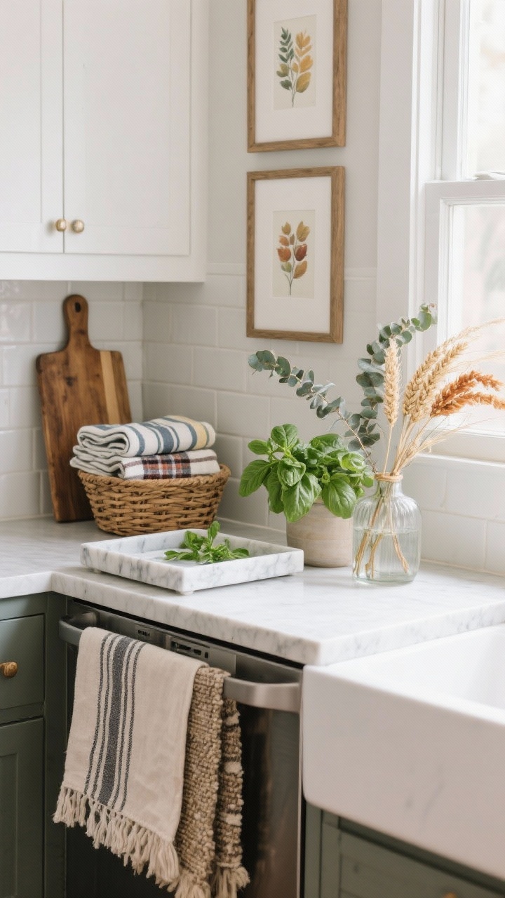 Medium shot of a styled kitchen countertop showing easy “soft decor” swaps: a marble tray set beside a wood board and a woven basket, a pair of framed 8x10 seasonal art prints leaning against the backsplash, a stack of dish towels—striped for summer and plaid for winter—neatly folded, a cotton flatweave runner rolled next to a low-pile vintage-style rug peeking into frame, and stems in a vase—fresh basil for summer and a second vase with eucalyptus/dried wheat for fall. Bright, natural window light, clean, functional vibe.
