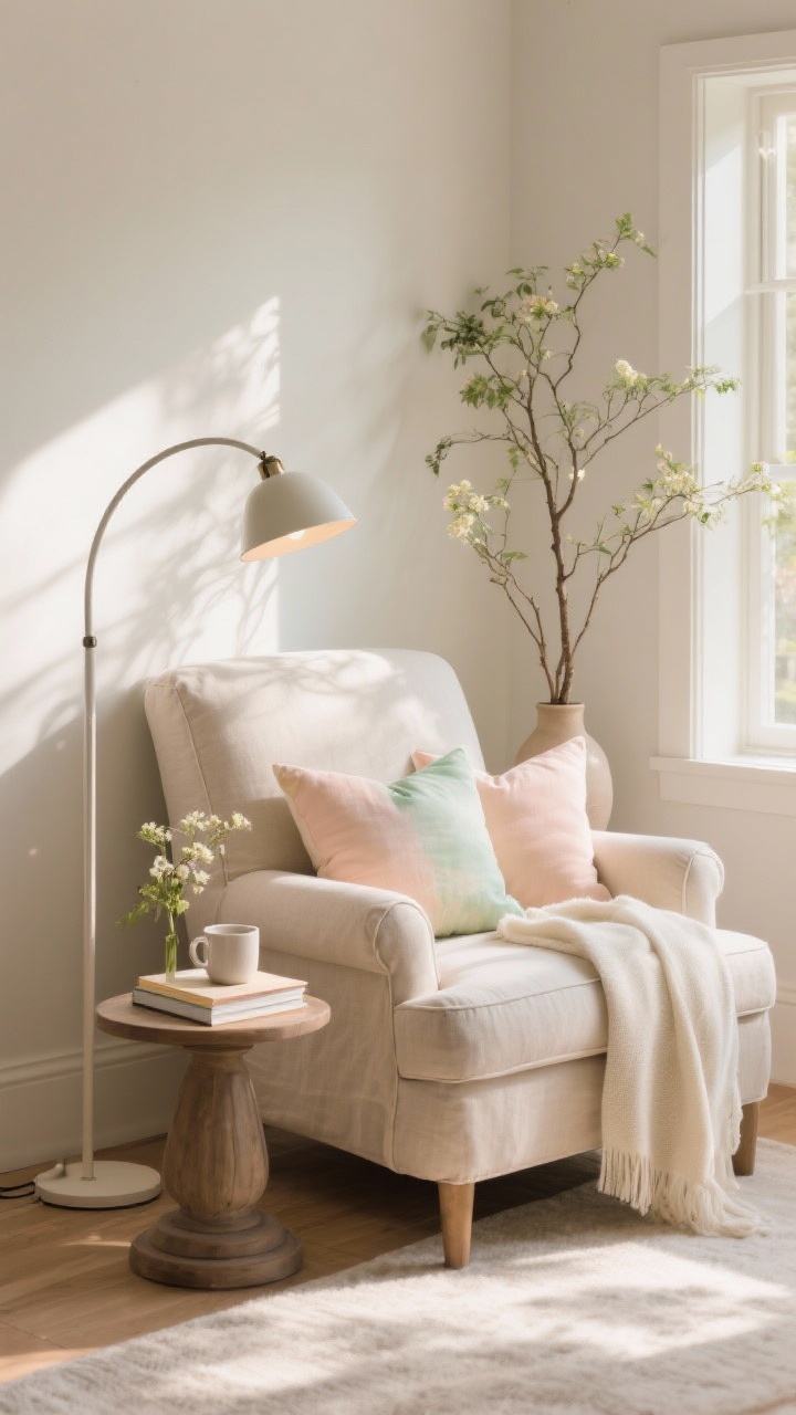 Medium shot of a sunny reading nook: a comfy slipcovered or linen armchair with arms, a compact pedestal side table holding a book and mug, an arched floor lamp providing task lighting, and spring layering with a lightweight throw and two pillows in soft spring colors; finishing touch with a tall plant or vase of branches adding height; set in the sunniest corner with warm natural light streaming in.