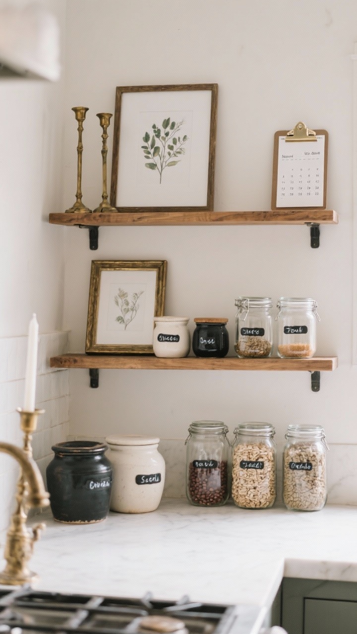 Medium shot of a sustainable, budget-friendly kitchen vignette: open shelving with a capsule collection of neutrals—wood, white, black, and clear glass—styled with thrifted vintage brass candlesticks, ceramic crocks, and classic frames holding printable art; labeled mason jars of oats, beans, and spices arranged neatly for daily use; a single versatile frame with a seasonal digital print ready to rotate; a small wall calendar or clipboard noting two decor swap dates per season. Soft, even daylight, minimal yet personal aesthetic, no people.
