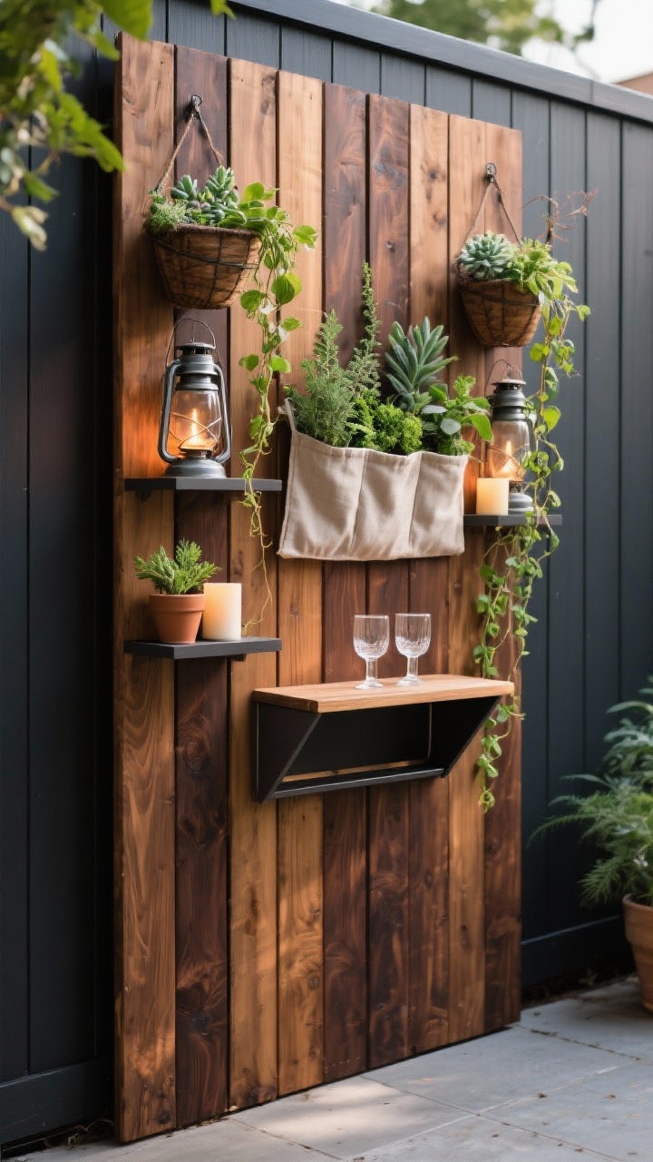 Medium shot of a vertical upgrade on a fence: a DIY slat wall made from evenly spaced 1x2 or 1x3 boards stained rich walnut against a darker background for contrast, creating a modern backdrop. Attached are hanging planters and a fabric pocket garden with herbs, succulents, and trailing vines softening the lines. Slim, weatherproof shelves hold lanterns, small pots, and candles, with a compact fold-down bar shelf in the center, open and styled with two glasses and a small potted herb. Natural midday light, crisp textures of wood grain and greenery, slight corner angle, photorealistic.