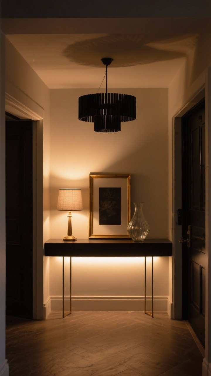 Medium shot of an entry lit with layered warm lighting (2700–3000K): a matte black modern chandelier overhead, a small table lamp with linen shade on the console, and a subtle LED strip glowing under the console casting a soft wash on the floor; dim, cozy evening ambiance with brass picture frame and airy glass vase to show material contrasts (matte black = modern, brass = warm, glass = airy); straight-on angle capturing the glow, no people.