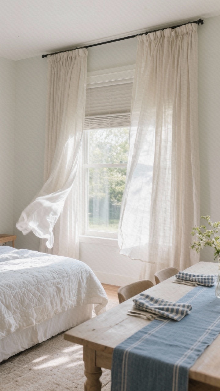 Medium shot of breezy spring layers: tall sheer linen-blend curtains slightly pooled on the floor moving gently in a cross-breeze, a bed dressed in crisp percale sheets with a light quilt instead of a duvet, and a dining table edge visible with chambray runner and subtle gingham/striped napkins; include roller shades behind sheers for privacy; soft diffused morning light highlighting the lightness and movement of fabrics.