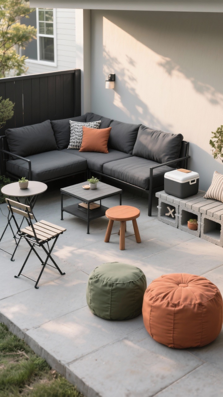 Medium shot of compact, comfy, budget-friendly furnishings: a small outdoor loveseat in a charcoal neutral with plush cushions, paired with a versatile stool/coffee table combo; nearby, a folding bistro set with a tiny table for tight spaces. Include a DIY cinder block and 2x4 bench with outdoor cushions as a secondary seating option. Show dual-purpose pieces: a storage bench for cushions and a side table that doubles as a cooler; add a pouf that can serve as extra seating. Color story: neutral base (charcoal/black) with two accents from nature—terracotta and olive. Soft late-afternoon light, photorealistic, angled from a corner to show fit and function.