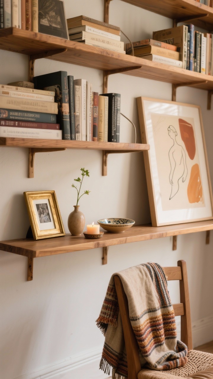 Medium shot of curated sentimental shelving: warm wood open shelves styled 60% filled, 40% breathing room; layered vignette with stacked art books, a brass-framed tiny photo, a bud vase with a single stem, a candle, and a small travel-find ceramic dish; a draped vintage shawl over a nearby chair back and a woven textile hung as art; figure drawing and warm-toned abstract leaning casually; soft ambient light, straight-on perspective, photorealistic.