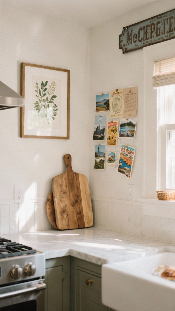 Medium shot of kitchen art moments: a framed print leaning on the counter behind a wooden cutting board, a small mood-board gallery of recipes, travel photos, and postcards on a nearby wall, and a vintage metal sign plus botanical print hung near a breakfast nook; use metal frames and sealed canvas suited for humidity; balanced composition that feels personal and finished; gentle morning light.