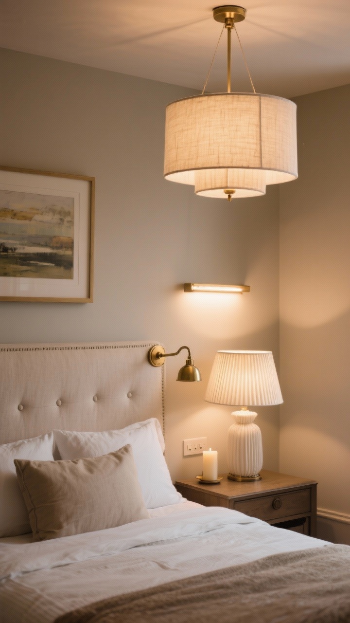 Medium shot of layered lighting in a bedroom: ambient light from a fabric-shaded semi-flush chandelier (2700–3000K), a brass swing-arm sconce over a linen-upholstered headboard for task lighting, and a pleated bedside table lamp casting a soft pool of light; subtle accent glow from a picture light over art and a candle on the nightstand; dimmer-controlled warmth, no overhead glare; corner angle, photorealistic.